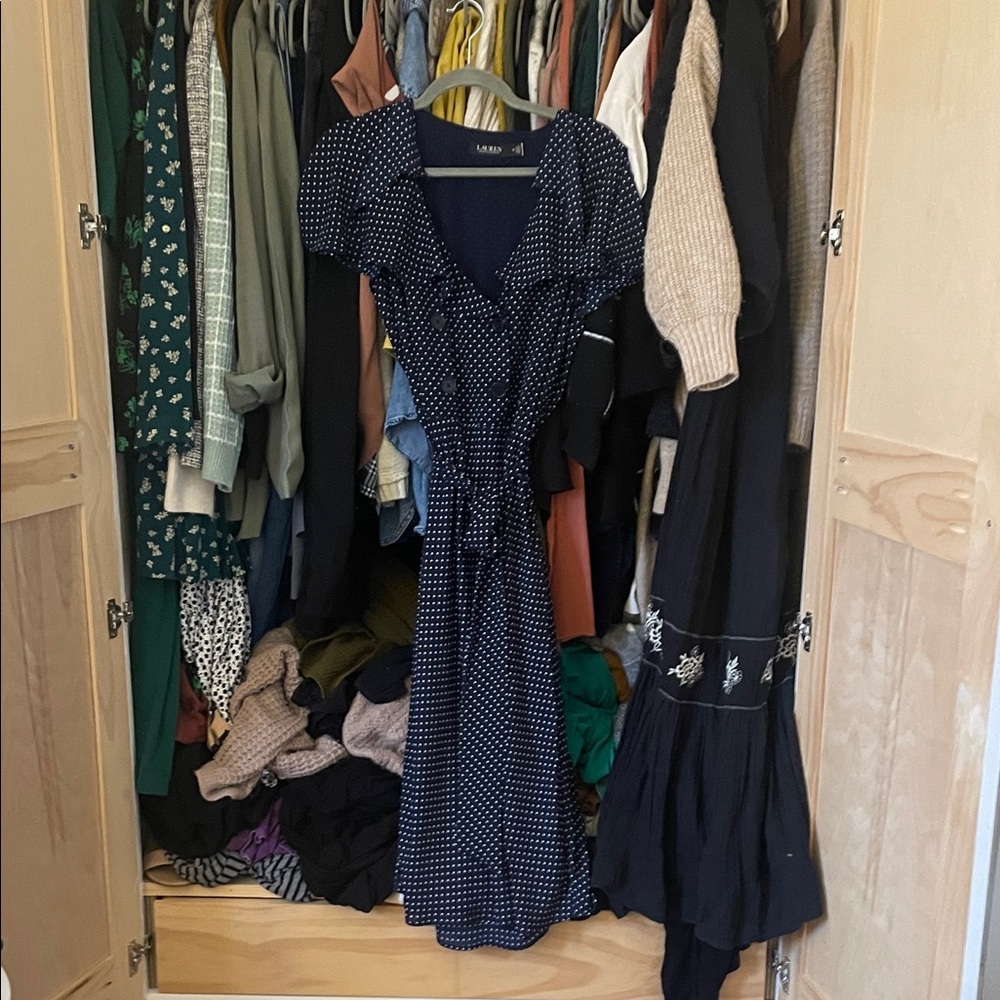 Ralph Lauren Black Label Navy and White Polka Dot Midi Dress
